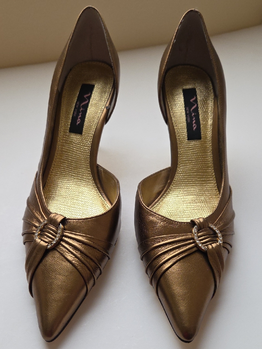 Nina of New York Gold Pointed Toe Stiletto Pumps with Embellished Buckle, Size 8